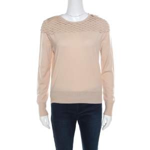 Pre Owned Chloe Beige Merino Wool Scallop Trimmed Yoke Long Sleeve Top M