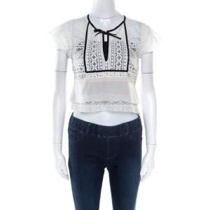 Pre Owned Chloe Off White Lace Contrast Velvet Tie Scallop Trim Detail Cropped Top S