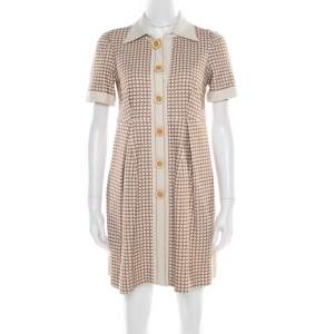 Pre Owned Chloe Beige and Maroon Textured Raw Silk Knit Dress S