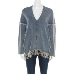 Chloe Indigo Washed Effect Knit Fringed Trim V-Neck Top S
