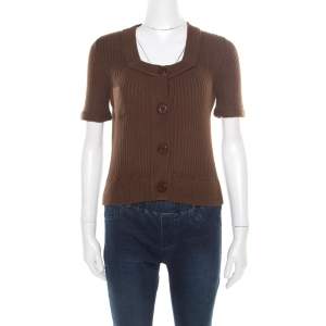 Chloe Brown Cotton and Linen Rib Knit Crop Top M 