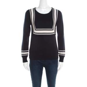 Pre Owned Chloe Navy Blue Wool Contrast Striped Trim Detail Sweater XS 