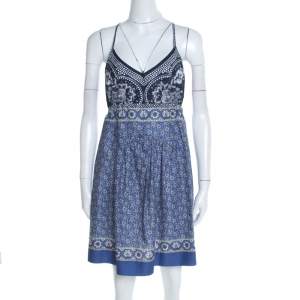 Pre Owned Chloe Blue and White Floral Printed Cotton Waist Tie Detail Dress M