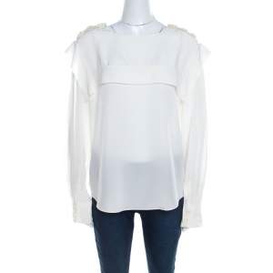 Chloe Cream Silk Shoulder Button Detail Long Sleeve Blouse L 