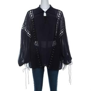 Pre Owned Chloe Navy Blue Silk Chiffon and Guipure Lace Blouse M 