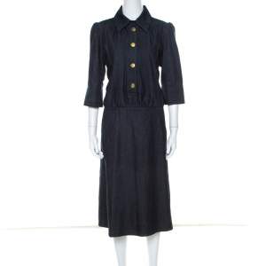 Pre Owned Chloe Blue Dark Wash Denim Cotton Puff Sleeve Dress L