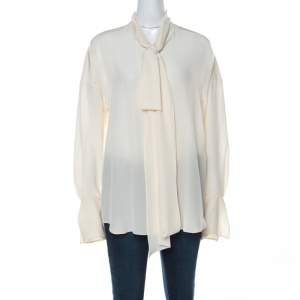 Chloe Cream Crepe De Chine Long Sleeve Tie Detail Buttoned Blouse M