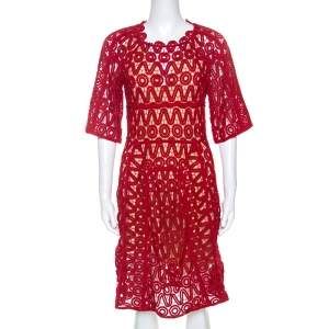 Pre Owned Chloe Lacquer Red Corded Lace Contrast Silk Lined Sheath Dress S