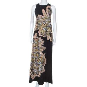 Chloe Black Crepe Embroidered Feather Detail Maxi Dress S 