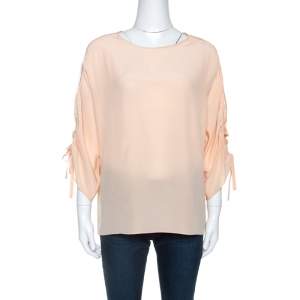 Chloe Peach Crepe Lace Insert Ruched Sleeve Detail Top L 