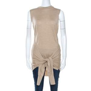 Pre Owned Chloe Seed Brown Wool Tie Up Detail Sleeveless Top S