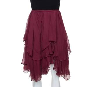 Pre Owned Chloé Burgundy Georgette Silk Asymmetric Layered Mini Skirt M