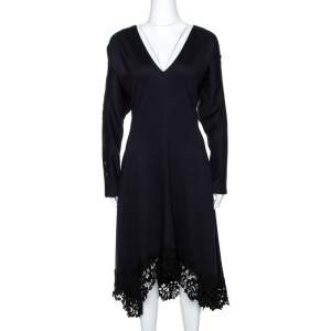 Chloé Navy Blue Stretch Wool Lace Trim Flared Midi Dress M