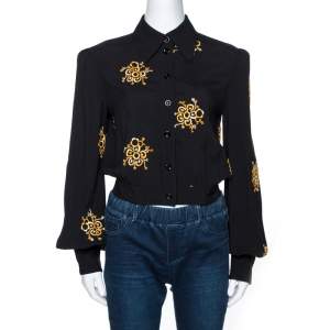 Pre Owned Chloé Black Floral Embroidered Crepe Cropped Blouse M