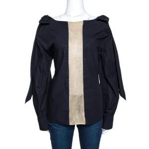 Pre Owned Chloe Anthracite Blue Cotton Cut Out Bow Detail Top S