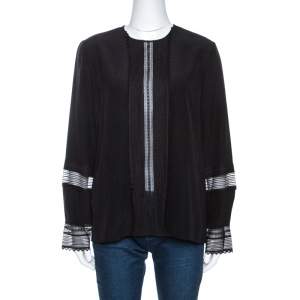 Pre Owned Chloe Black Silk Lace Paneled Long Sleeve Blouse L