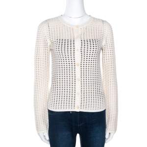 Chloe Naturel Perforated Merino Wool Knit Button Front Cardigan L