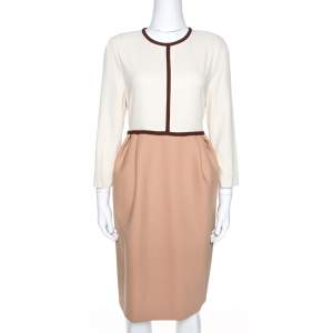 Pre Owned Chloe Cream & Brown Crepe Long Sleeve Sheath Dress M