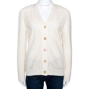 Chloe Naturel Wool Knit Lace Paneled Button Front Cardigan M