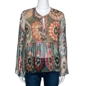 Chloe Green Rosace Patchwork Print Silk Sheer Blouse S