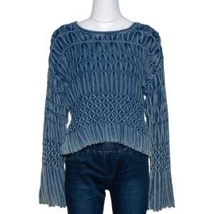 Pre Owned Chloe Blue Medium Washed & Smocked Cable Knit Sweater XS