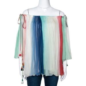 Chloe Multicolor Striped Silk Crepon Off Shoulder Blouse M