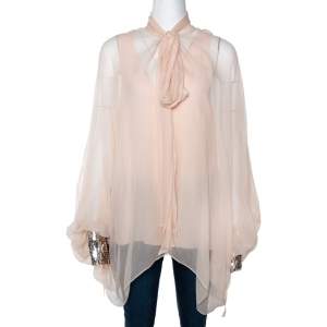 Pre Owned Chloe Light Powder Pink Sheer Silk Sequined Cuff Cocktail Blouse S