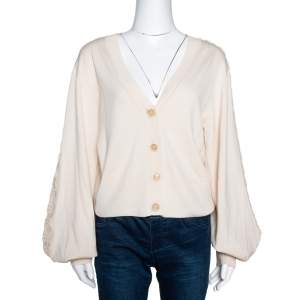 Chloé Pristine Cream Wool Lace Detail Button Front Cardigan L