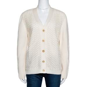Chloé Natural Cream Wool Lace Overlay Button Front Cardigan L