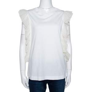 Pre Owned Chloe White Cotton Ruffled Silk Trim Sleeveless Top L