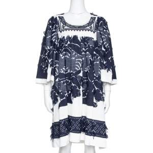 Pre Owned Chloe Navy & White Fringed Jacquard Lace Trim Shift Dress L