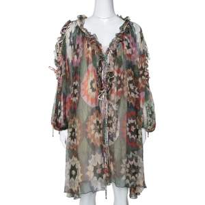 Pre Owned Chloe Green Rosace Patchwork Print Silk Crepon Ruffled Dress S