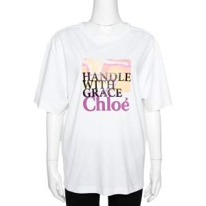 Pre Owned Chloe White Cotton Handle With Grace Print T-Shirt S