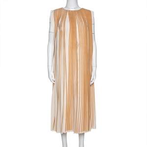Pre Owned  Chloé Cream Striped & Pleated Silk Sleeveless Flared Dress S