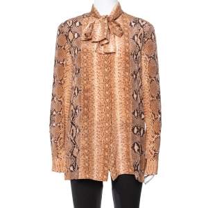 Pre Owned Chloe Brown Patchwork Snake Print Silk Tie Neck Blouse M