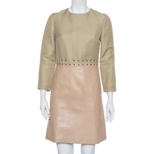 Pre Owned Chloe Beige Linen & Leather Long Sleeve Dress S