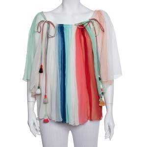 Pre Owned Chloe Multicolor Silk Crepe Tie Detail Paneled Overlay Off Shoulder Top S