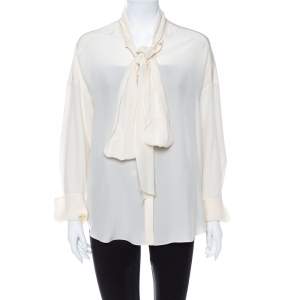 Chloe Cream Crepe De Chine Long Sleeve Tie Detail Buttoned Blouse S