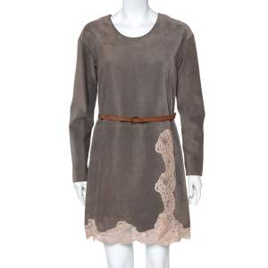 Chloe Grey Suede Lace Trim Detail Belted Dress S