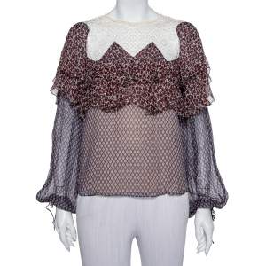 Pre Owned Chloe Multicolor Printed Silk & Lace Top M
