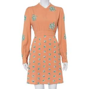 Pre Owned Chloe Peach Embroidered Crepe Waist Tie Detail Shift Dress M