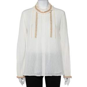 Chloé Off-White Crinkled Cotton Embroidered Trim Detail Top M