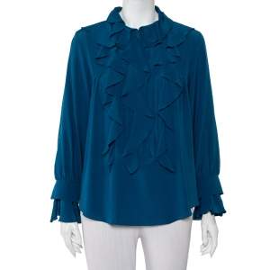 Pre Owned Chloé Ocean Blue Silk Button Front Ruffled Top L