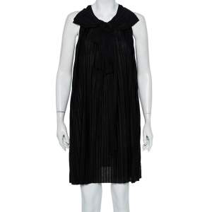 فستان كلوي حري�ر أسود بطيات بفيونكة مزينة واسعة مقاس صغير جدًا - إكس سمول