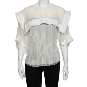 Pre Owned Chloe White Striped Silk & Cotton Overlay Detail Top M