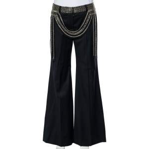 Pre Owned Chloe Vintage Black Wool Embellished Waist Detail Wide Leg Pants M