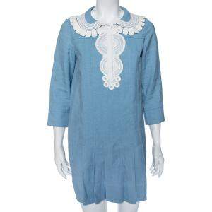 Pre Owned Chloe Blue Eyelet Cotton Pleated Hem Detail Short Dress S 