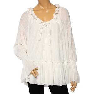 Pre Owned Chloe Cream Knit Ruffled Detail Long Sleeve Oversized Blouse M