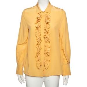 Pre Owned Chloe Golden Beige Silk Ruffled Front Detail Long Sleeve Shirt M