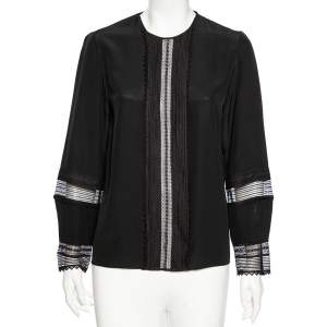 Pre Owned Chloe Black Silk Lace Paneled Long Sleeve Blouse M
